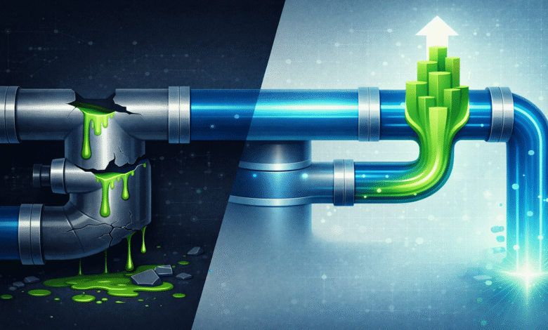 Broken pipe leaking vs. efficient pipe with upward flow.