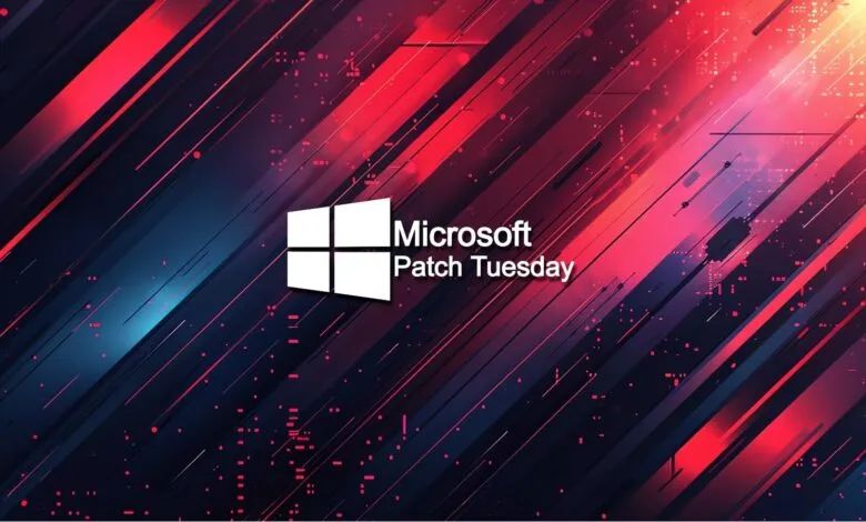 Microsoft Patch Tuesday graphic with Windows logo and abstract design.