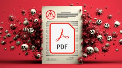 PDF document icon surrounded by virus and skull imagery, symbolizing danger.