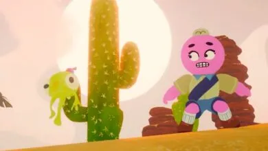 Cartoon desert scene with pink character and green creature on cactus.