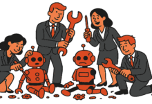 Cartoon of business people repairing orange robots with tools.