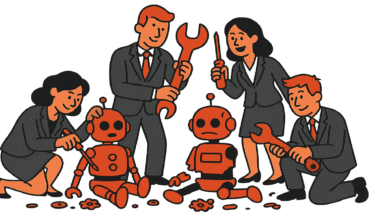 Cartoon of business people repairing orange robots with tools.