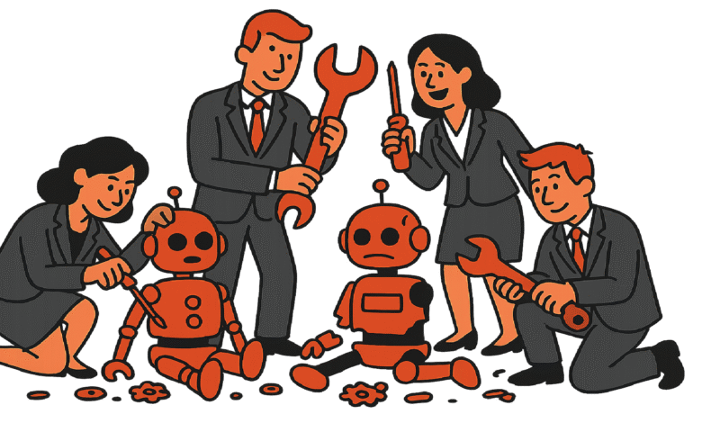 Cartoon of business people repairing orange robots with tools.
