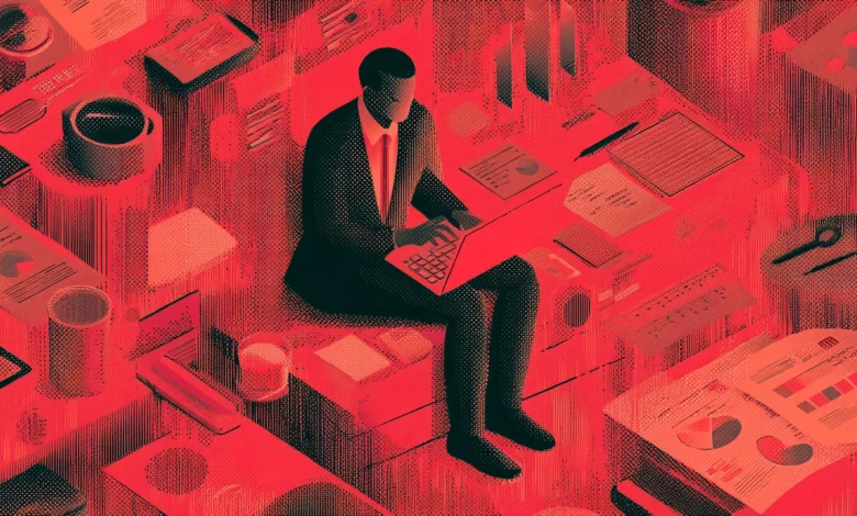 Person in suit working on laptop amidst scattered papers and office items.