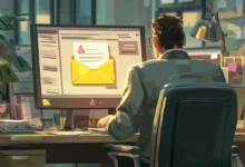 Man at computer sees email with red warning sign, potential phishing.