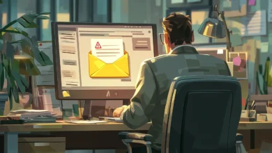 Man at computer sees email with red warning sign, potential phishing.