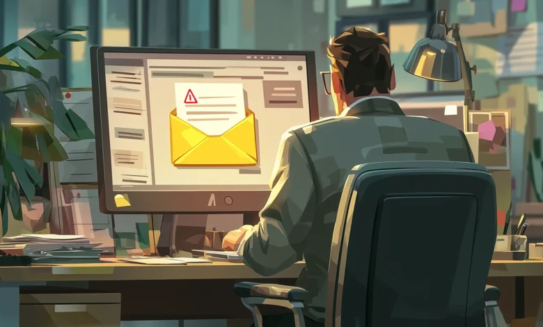 Man at computer sees email with red warning sign, potential phishing.