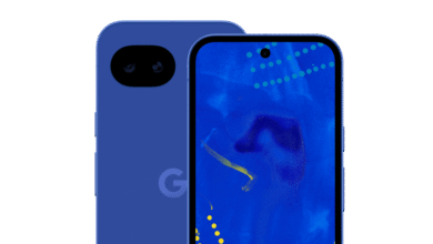Blue smartphone with dual camera and vibrant blue abstract wallpaper.
