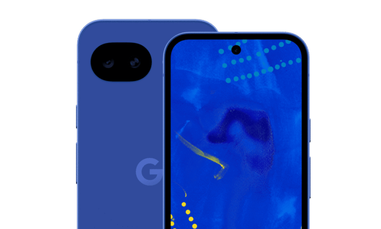 Blue smartphone with dual camera and vibrant blue abstract wallpaper.