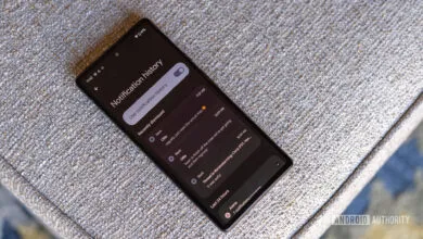 Pixel phone displaying notification history on a textured surface.
