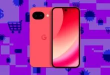 Coral Google Pixel phone with vibrant red screen on purple shopping background.