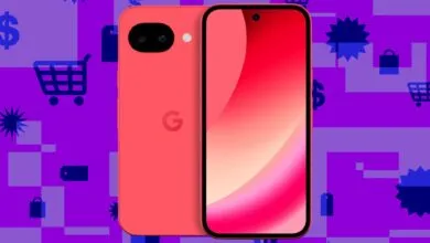 Coral Google Pixel phone with vibrant red screen on purple shopping background.