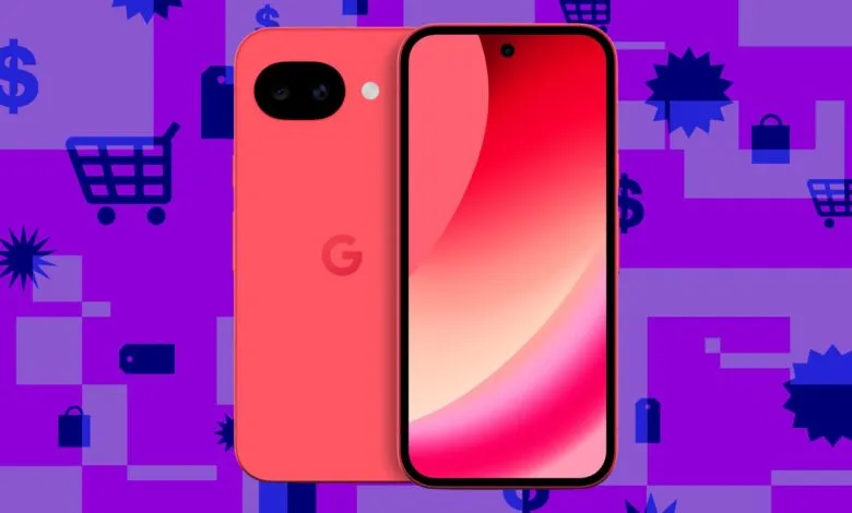 Coral Google Pixel phone with vibrant red screen on purple shopping background.