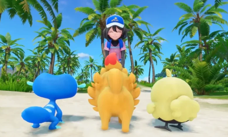 Trainer and three Pokémon stand on a tropical beach with palm trees.