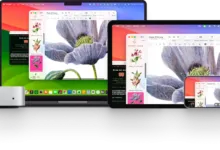 Apple devices: MacBook, iPad, and iPhone displaying flower images and code.