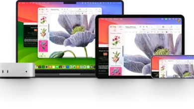 Apple devices: MacBook, iPad, and iPhone displaying flower images and code.