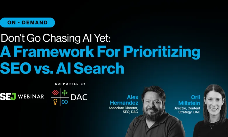 Webinar promo: SEO vs. AI Search featuring Alex Hernandez and Orli Millstein.
