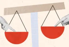 Two hands point to scales, symbolizing balance and decision-making.