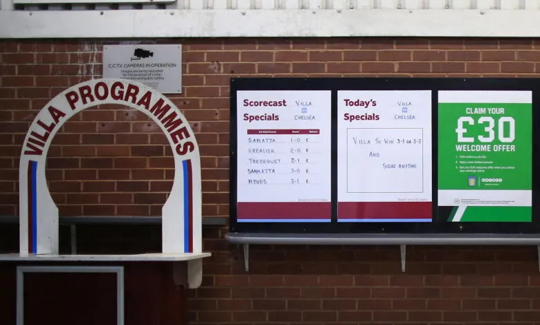 Aston Villa betting odds board with match specials and welcome offer.