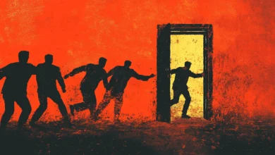 Silhouetted figures rush towards a bright doorway in a textured, orange-toned scene.