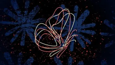 Abstract digital art with swirling lines and binary code background.