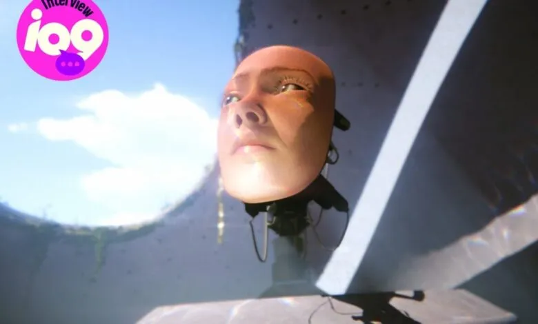 Floating robotic head with human-like face against a sky backdrop.