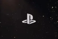 PlayStation logo on dark background with bokeh lights.