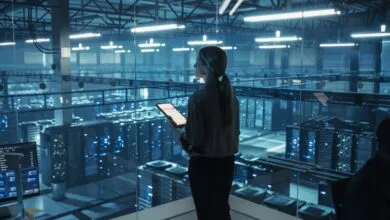 Woman with tablet overlooking a large server room through glass.