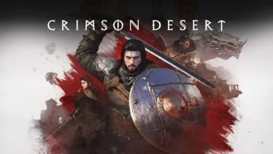 Crimson Desert game art featuring warrior with sword and shield.