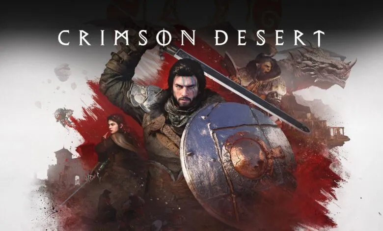 Crimson Desert game art featuring warrior with sword and shield.