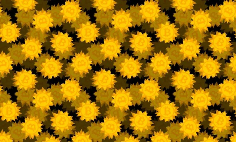 Pattern of golden Bitcoin symbols resembling suns on a dark background.