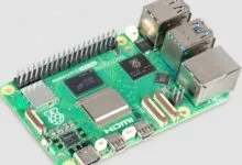 Close-up of a Raspberry Pi 5 16GB RAM single-board computer.