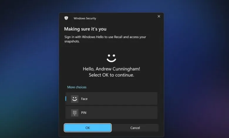 Windows Security prompt asking Andrew Cunningham to sign in with Windows Hello.
