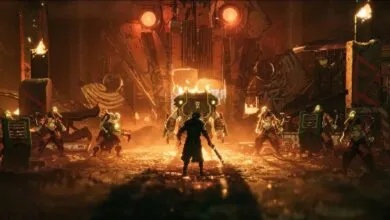 Pixel art scene shows a lone figure facing a robot and armed guards.