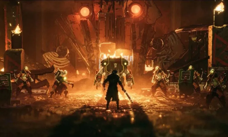 Pixel art scene shows a lone figure facing a robot and armed guards.