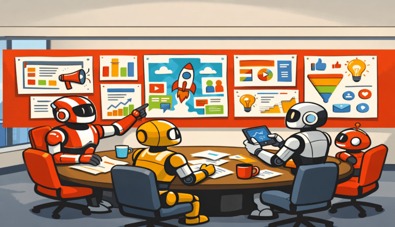 Robots collaborate in a meeting room, reviewing charts and data.