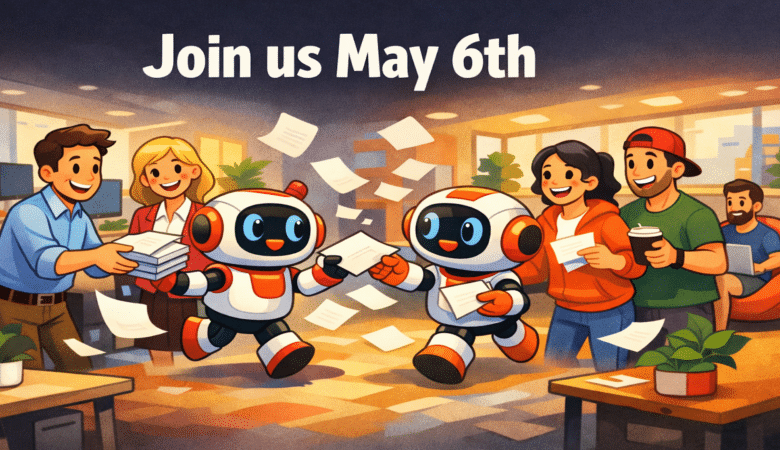 Two robots deliver papers to smiling coworkers in a bright, modern office setting.