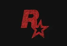Red Rockstar Games logo featuring ornate 'R' and star on black background.