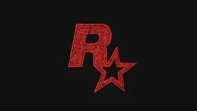 Red Rockstar Games logo featuring ornate 'R' and star on black background.