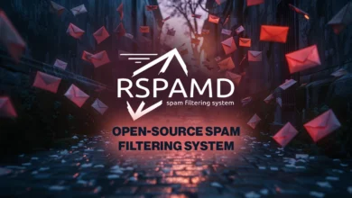 Rspamd logo with flying envelopes, open-source spam filtering system.