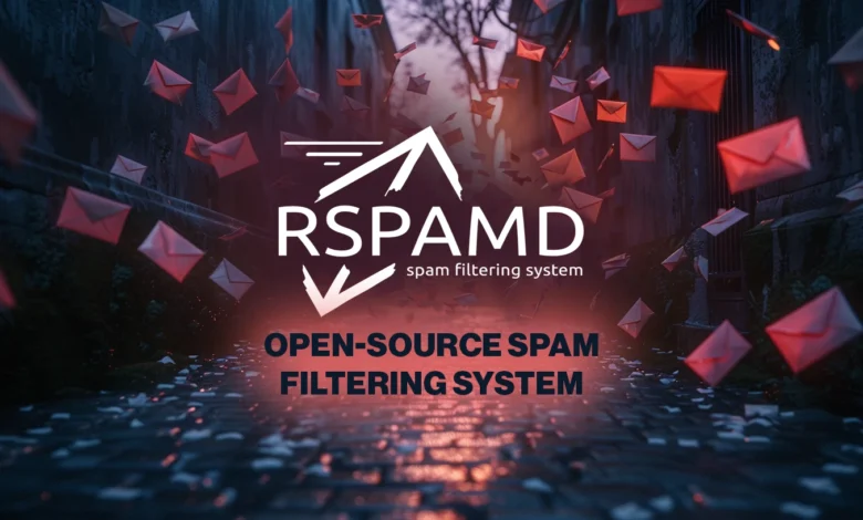 Rspamd logo with flying envelopes, open-source spam filtering system.