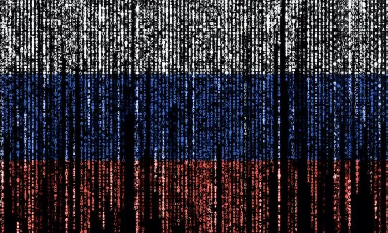 Russian flag made of falling computer code, white, blue, and red.