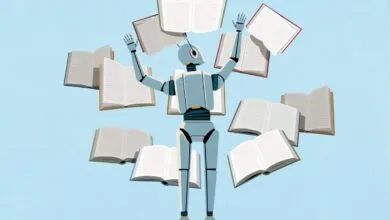 Robot surrounded by floating open books, arms raised.