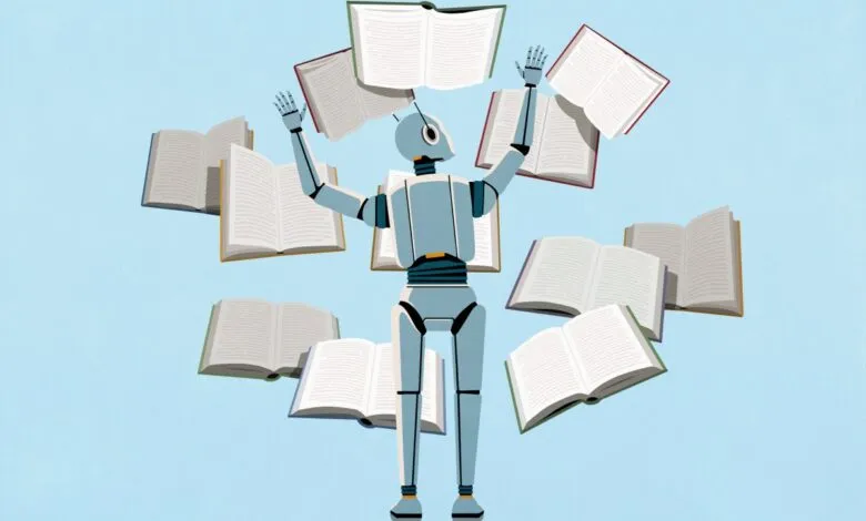 Robot surrounded by floating open books, arms raised.
