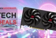 PowerColor graphics card on a retro-themed background.