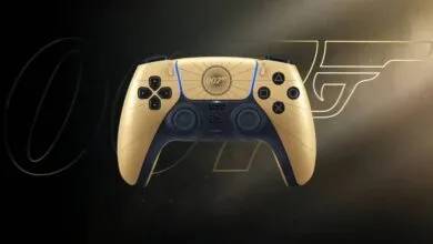 Gold PlayStation 5 DualSense controller with 007 design.