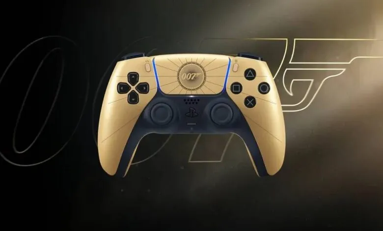 Gold PlayStation 5 DualSense controller with 007 design.