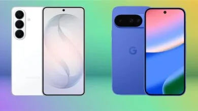Samsung and Google phones side-by-side on a colorful background.