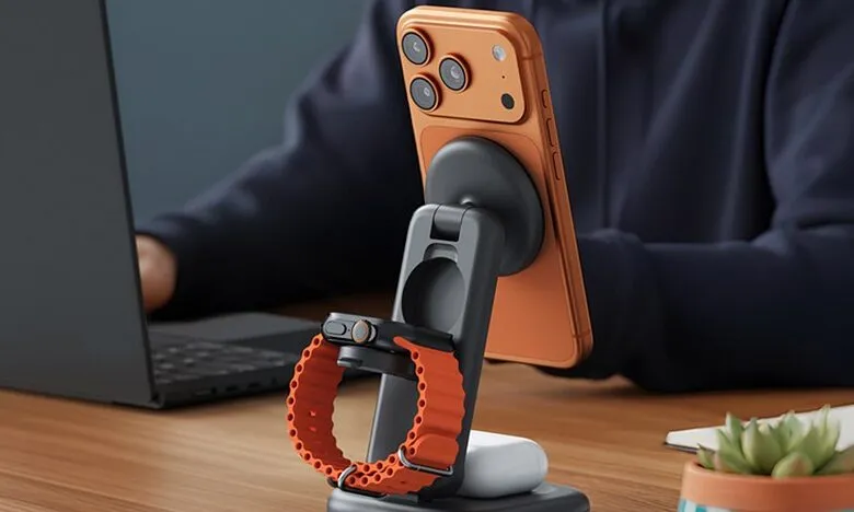 Charging stand holding phone, watch, and earbuds on a desk.