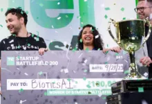 BioticsAI team celebrates winning Startup Battlefield 200 with confetti.